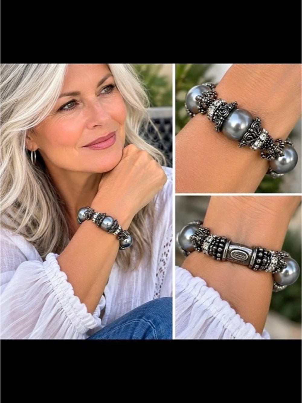 ROCKi Gorman signed, heavy, gray gemstone statement bracelet magnetic clasp